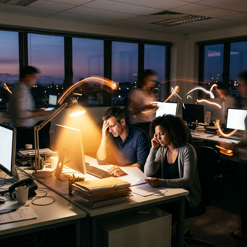 Two office workers concentrating on paperwork and computer screen at night. burnout.
