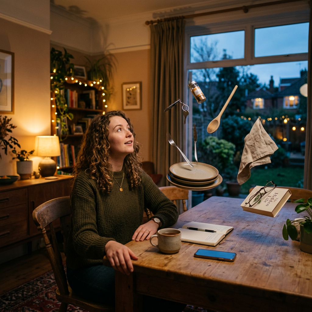 Woman sitting at wooden table watching plates, utensils, spice jar, towel, keys, book, and glasses levitating