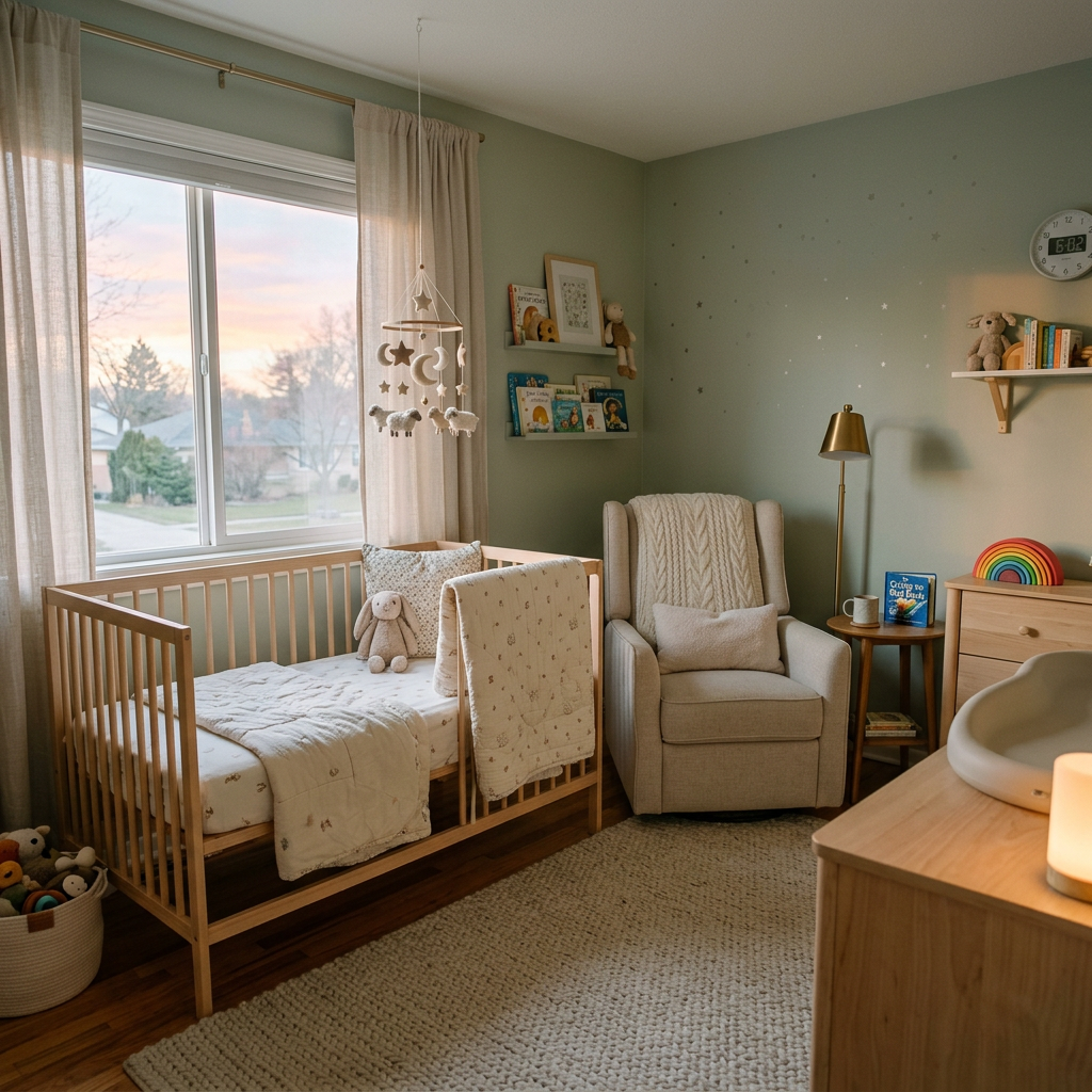 Baby nursery with wooden crib, armchair, bookshelves, and neutral decor