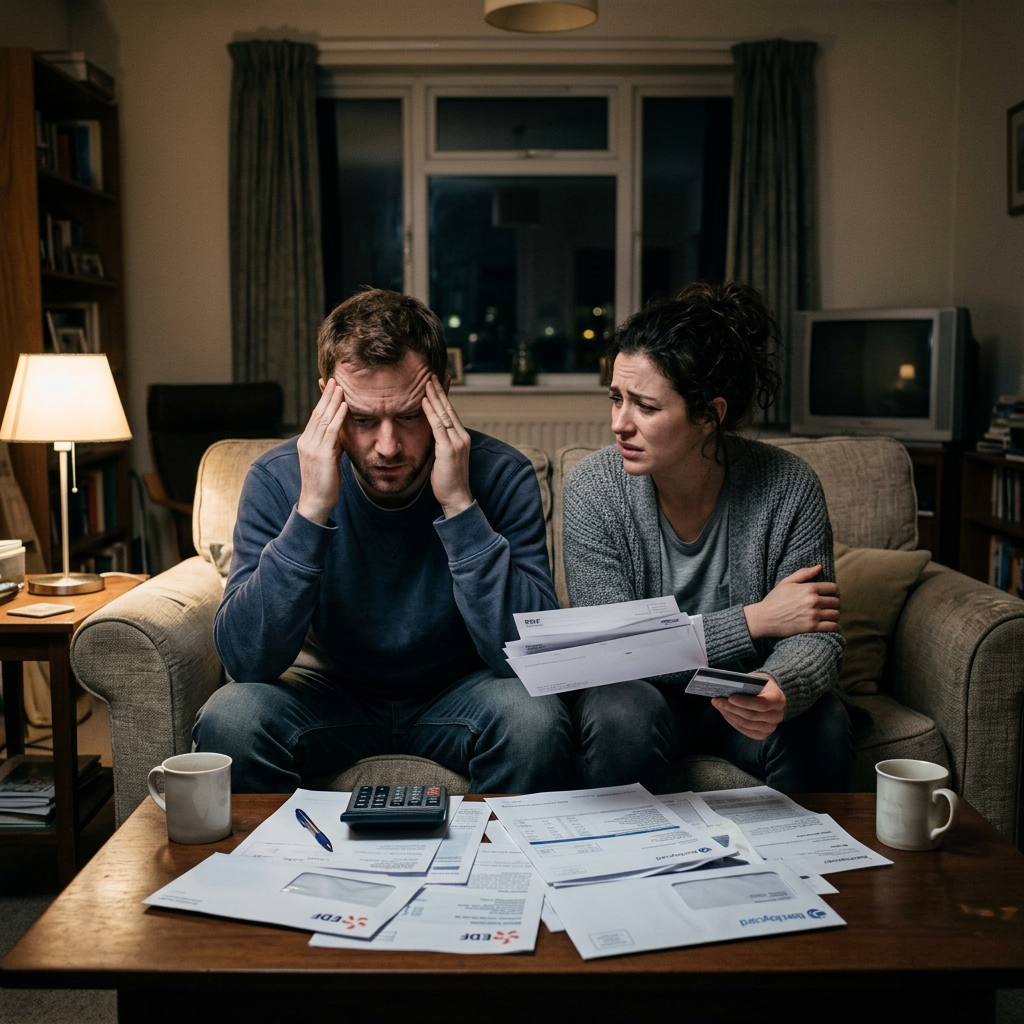 Couple looking stressed while reviewing bills and financial documents on a table