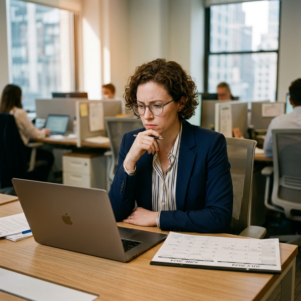 Woman in business attire working on a laptop in an office