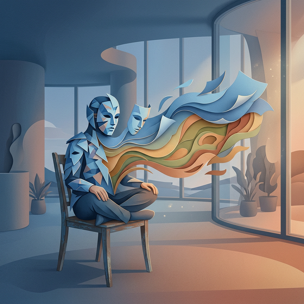 Masked figure seated on chair with flowing abstract forms