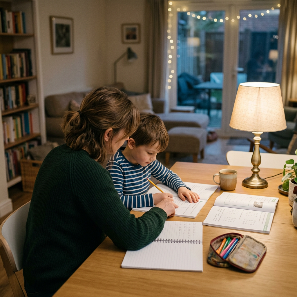 Mother helping young child complete homework at a dining table