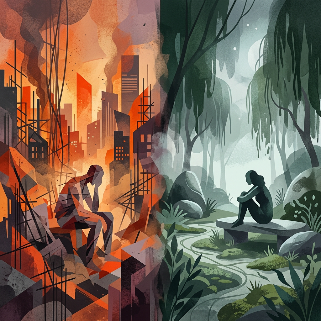 Solitary figures in a ruined orange city and peaceful green forest